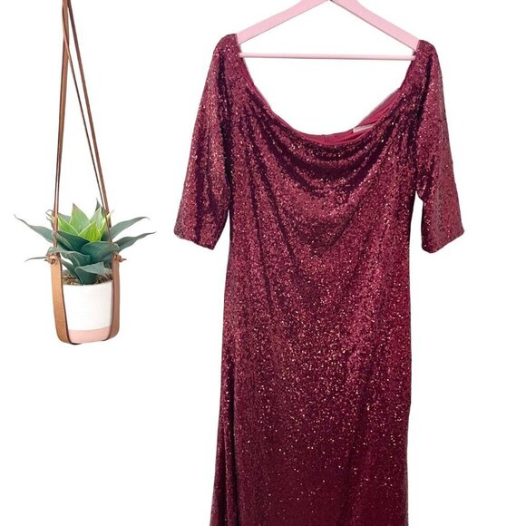 Revelry Off the Shoulder Ember Red Sequin Maxi Dress Gown Size 18 - Picture 1 of 9